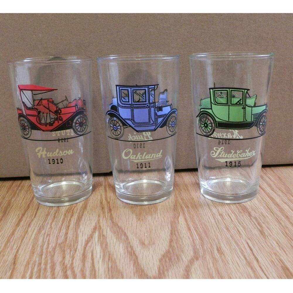 Vintage Classic Car Glasses Studebaker Buick Hudson Tumblers Set of 3 Glasses
